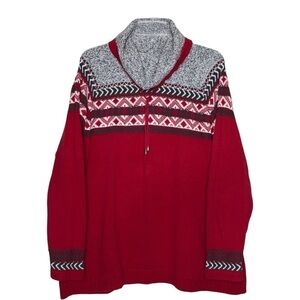 100% Cotton Red, Gray & White Fair Isle Cowl Neck Turtleneck Sweater Size Large